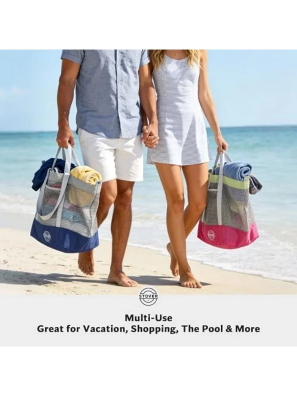 Large Mesh Beach Tote Bag - Foldable Travel, Pool, Shopping, Vacation Bag with